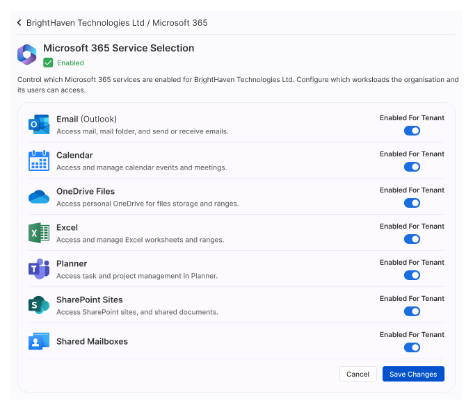 Microsoft 365 service selection and tenant enablement controls in Octoglo